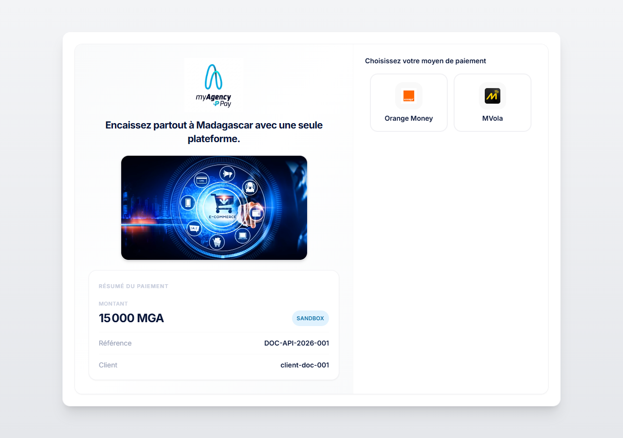 Page de paiement hébergée : résumé et choix du moyen de paiement — MyAgency Pay