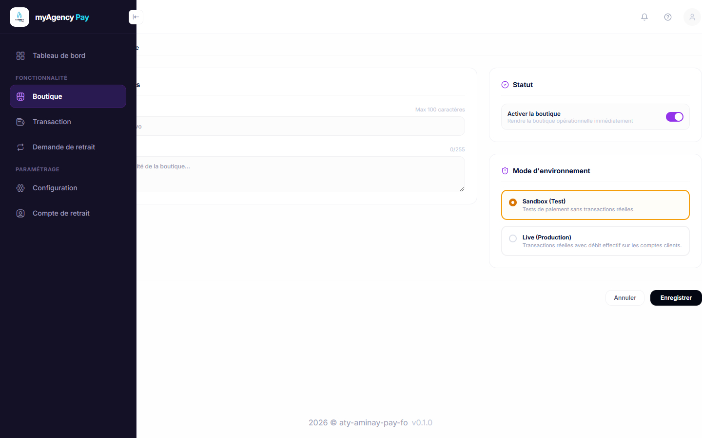 Créer une boutique — <strong>MyAgency Pay</strong>
