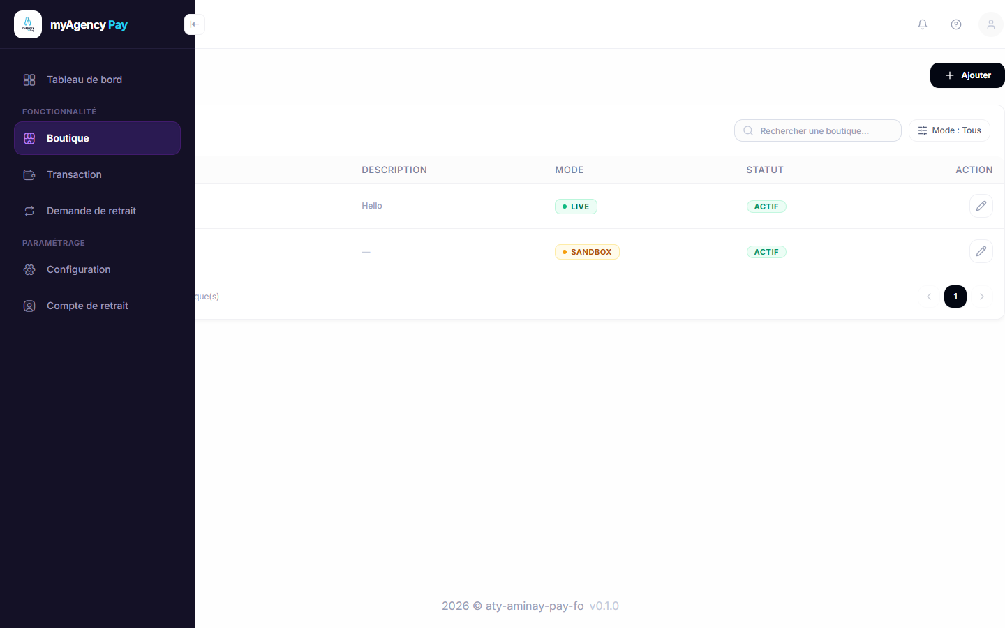 Liste des boutiques — <strong>MyAgency Pay</strong>