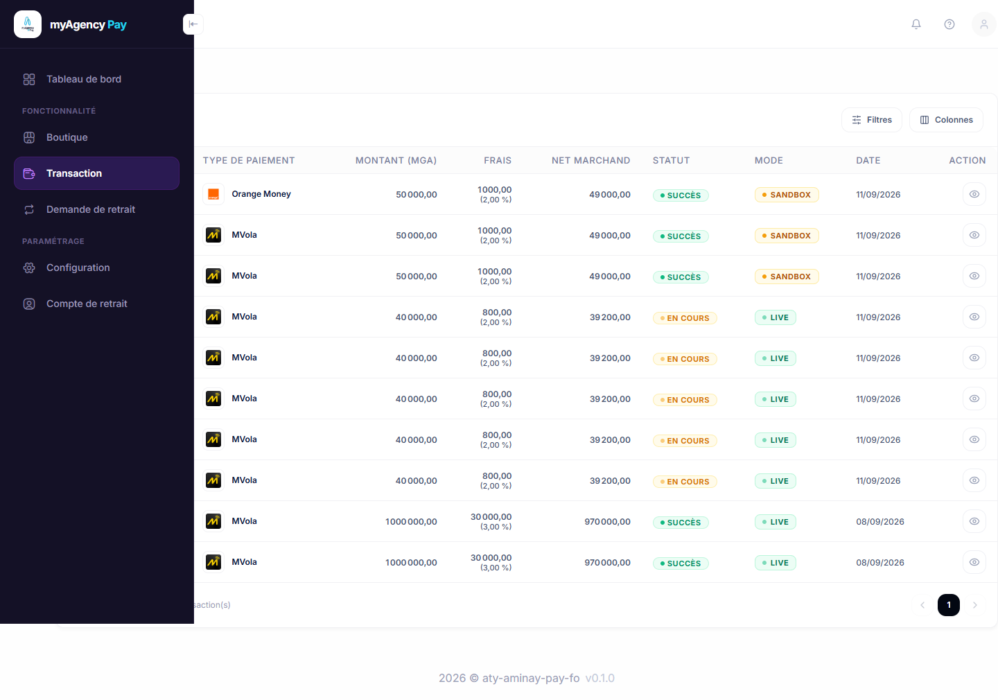 Filtres de transactions — <strong>MyAgency Pay</strong>