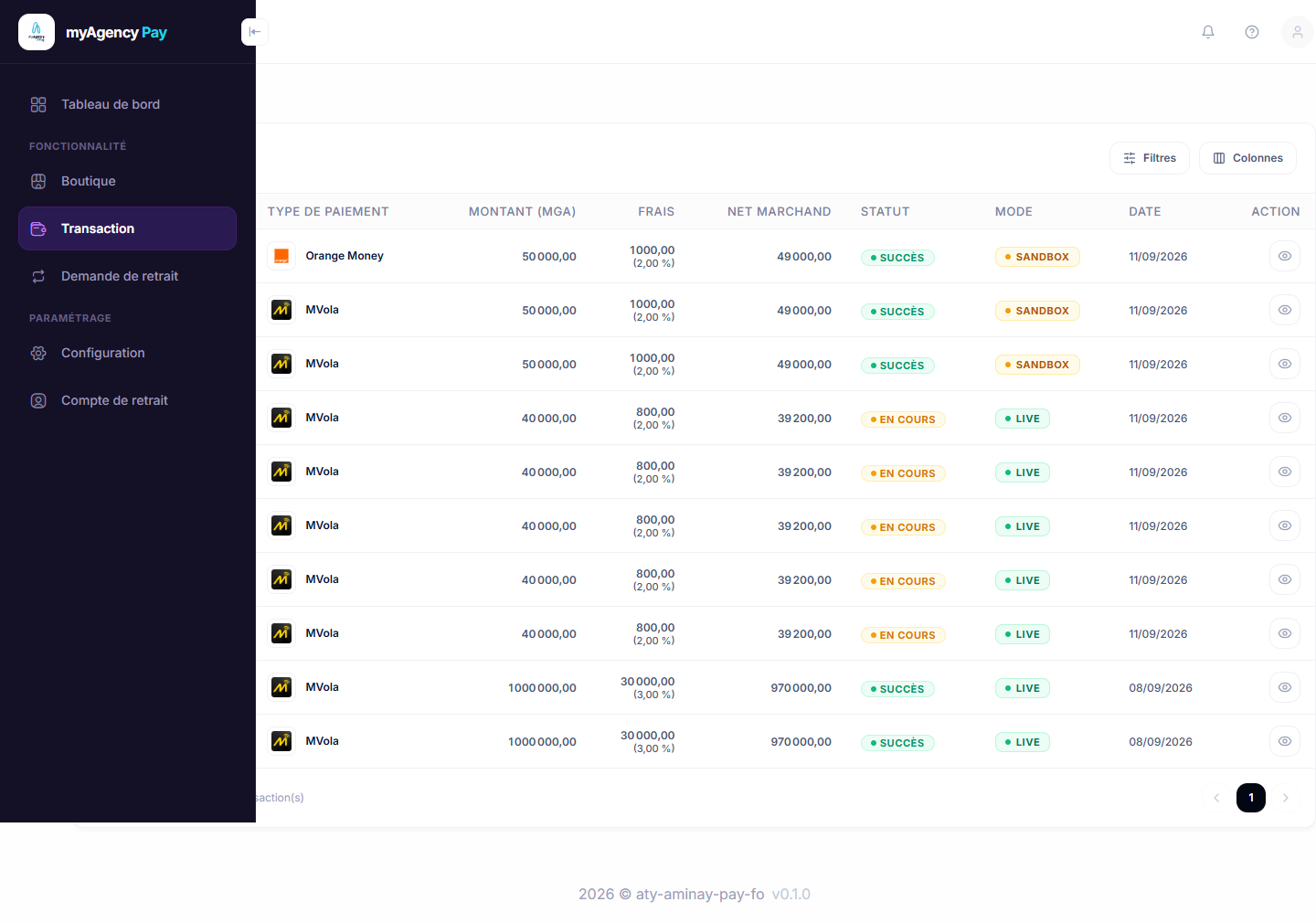 Liste des transactions — <strong>MyAgency Pay</strong>